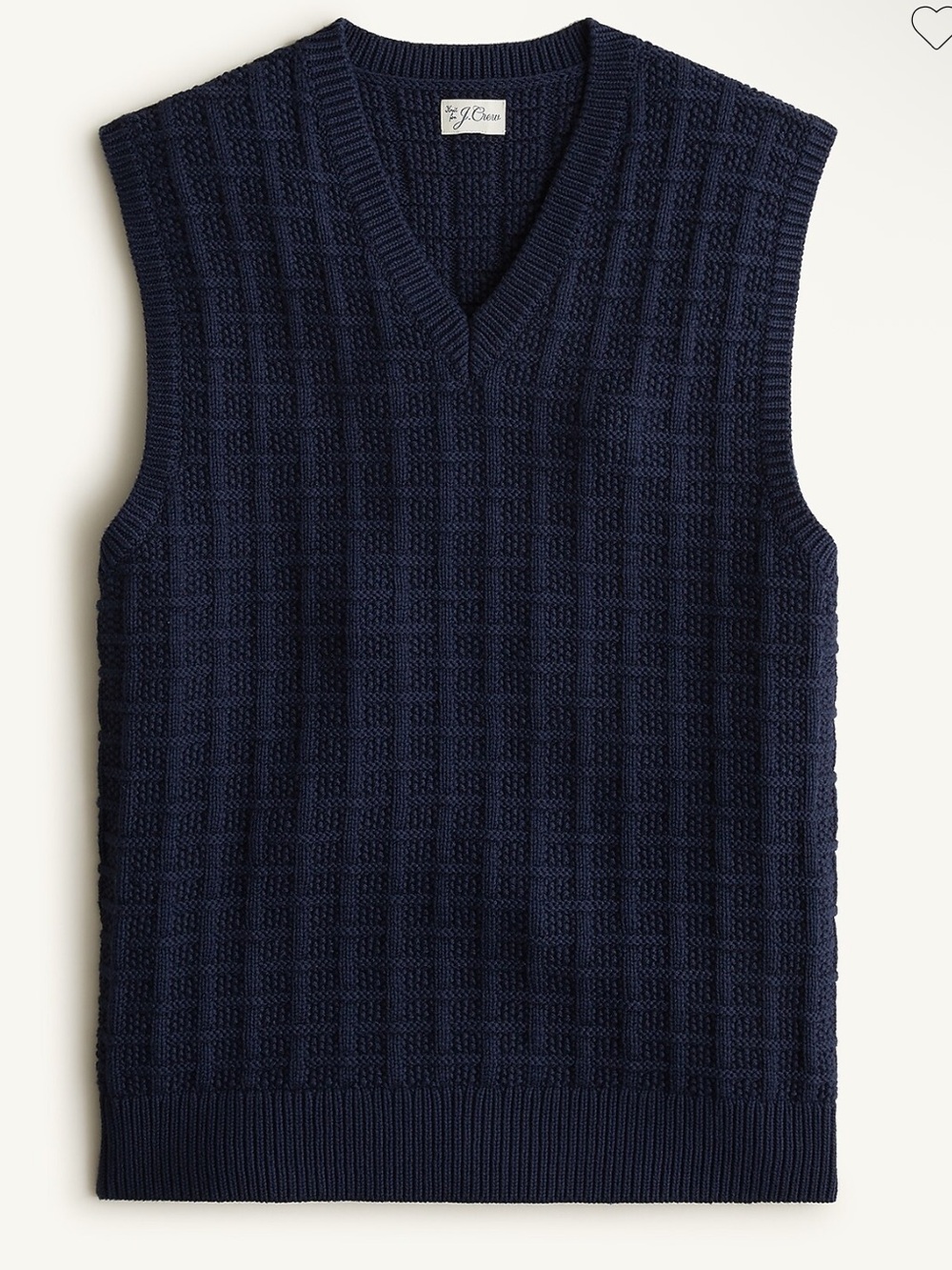 J Crew Men’s Cotton V neck sweater vest in checkered stitch Navy NWT Large